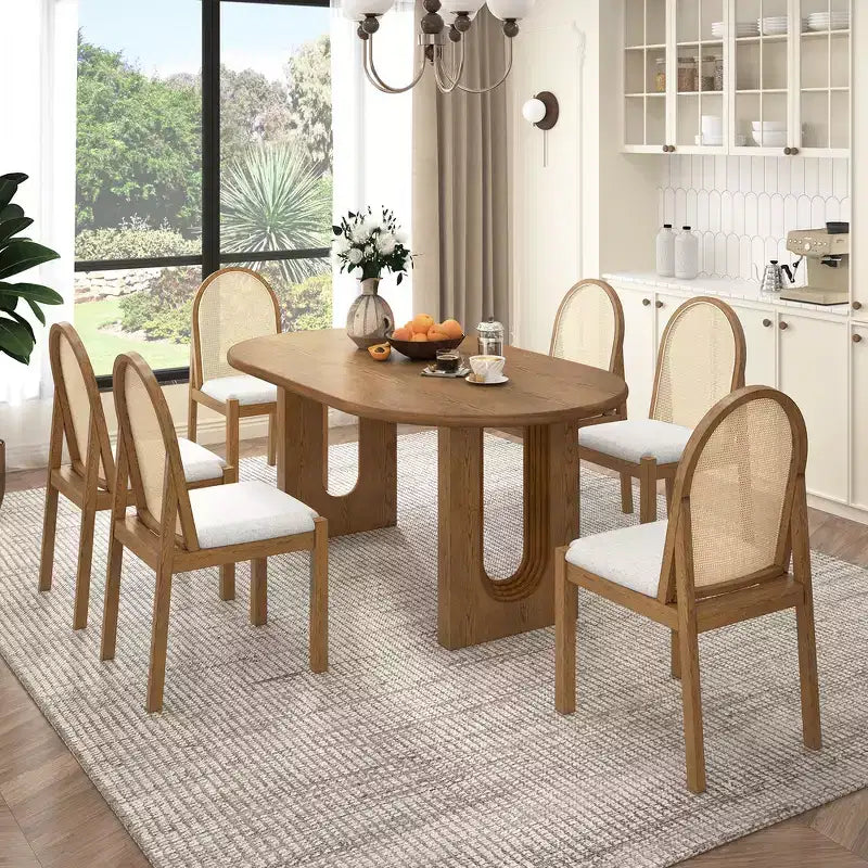 Whisen Set da Tavolo da Pranzo 7 Pezzi in Stile Rustico, Set da Pranzo in Legno per Cucina per 6 Persone, Tavolo da Pranzo Ovale e 6 Sedie in Rattan