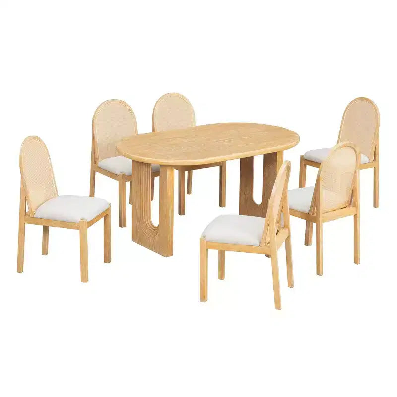 Whisen Set da Tavolo da Pranzo 7 Pezzi in Stile Rustico, Set da Pranzo in Legno per Cucina per 6 Persone, Tavolo da Pranzo Ovale e 6 Sedie in Rattan