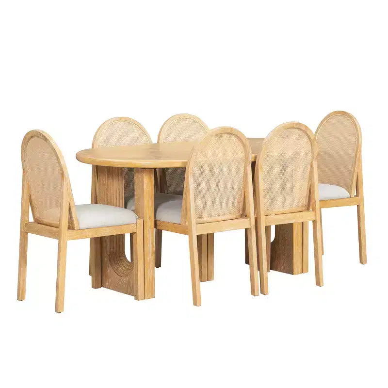 Whisen Set da Tavolo da Pranzo 7 Pezzi in Stile Rustico, Set da Pranzo in Legno per Cucina per 6 Persone, Tavolo da Pranzo Ovale e 6 Sedie in Rattan