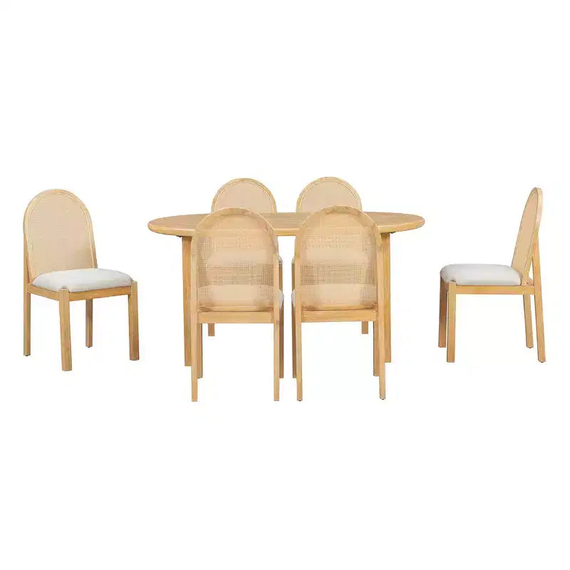 Whisen Set da Tavolo da Pranzo 7 Pezzi in Stile Rustico, Set da Pranzo in Legno per Cucina per 6 Persone, Tavolo da Pranzo Ovale e 6 Sedie in Rattan