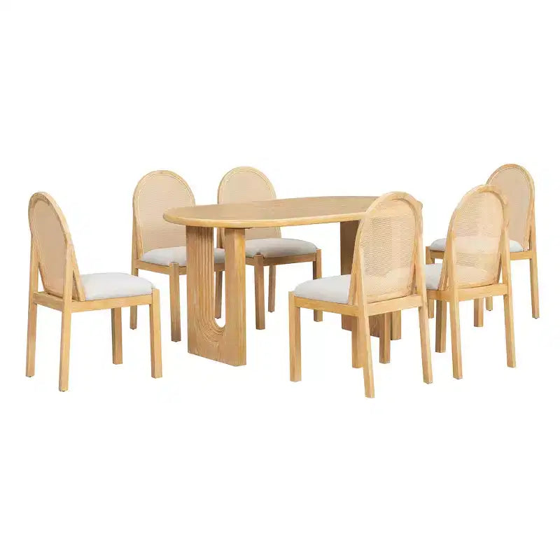 Whisen Set da Tavolo da Pranzo 7 Pezzi in Stile Rustico, Set da Pranzo in Legno per Cucina per 6 Persone, Tavolo da Pranzo Ovale e 6 Sedie in Rattan
