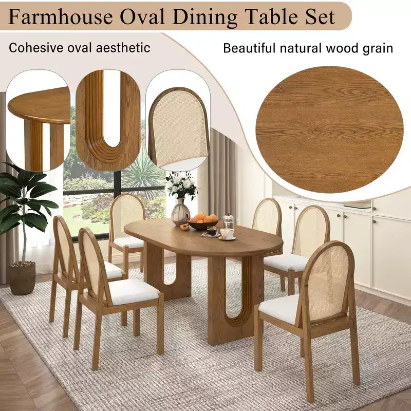 Whisen Set da Tavolo da Pranzo 7 Pezzi in Stile Rustico, Set da Pranzo in Legno per Cucina per 6 Persone, Tavolo da Pranzo Ovale e 6 Sedie in Rattan