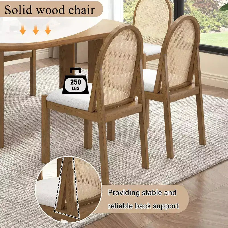 Whisen Set da Tavolo da Pranzo 7 Pezzi in Stile Rustico, Set da Pranzo in Legno per Cucina per 6 Persone, Tavolo da Pranzo Ovale e 6 Sedie in Rattan