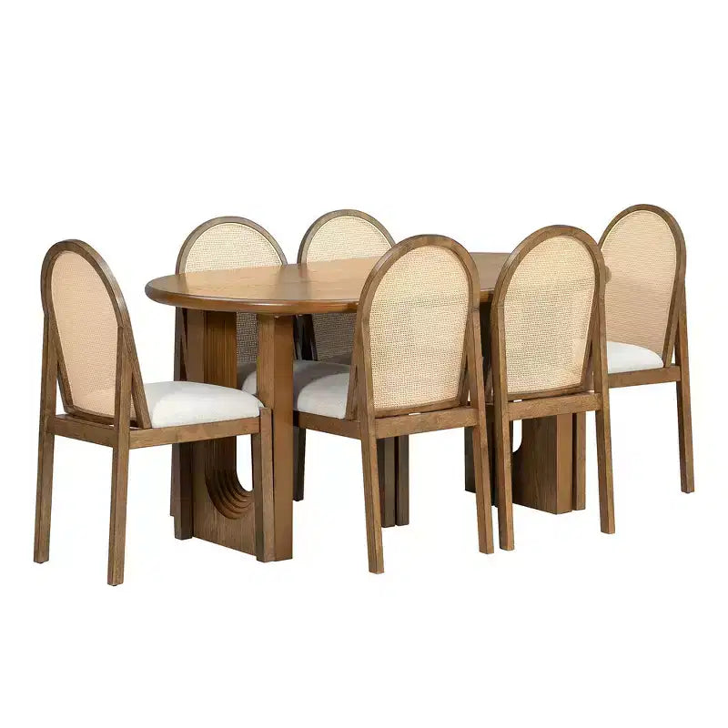 Whisen Set da Tavolo da Pranzo 7 Pezzi in Stile Rustico, Set da Pranzo in Legno per Cucina per 6 Persone, Tavolo da Pranzo Ovale e 6 Sedie in Rattan