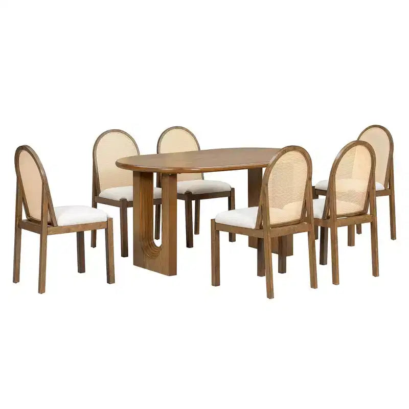 Whisen Set da Tavolo da Pranzo 7 Pezzi in Stile Rustico, Set da Pranzo in Legno per Cucina per 6 Persone, Tavolo da Pranzo Ovale e 6 Sedie in Rattan