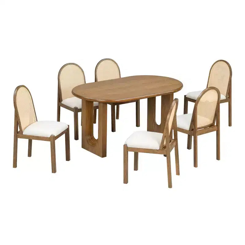 Whisen Set da Tavolo da Pranzo 7 Pezzi in Stile Rustico, Set da Pranzo in Legno per Cucina per 6 Persone, Tavolo da Pranzo Ovale e 6 Sedie in Rattan