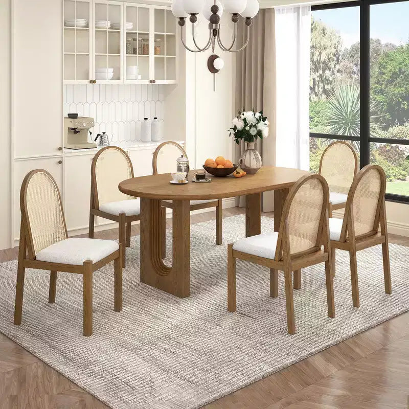 Whisen 7-Piece Farmhouse Dining Table Sets, Kitchen Wood Dining Set Furniture for 6, Oval Dining Table and 6 Rattan Chairs