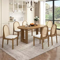Whisen 7-Piece Farmhouse Dining Table Sets, Kitchen Wood Dining Set Furniture for 6, Oval Dining Table and 6 Rattan Chairs