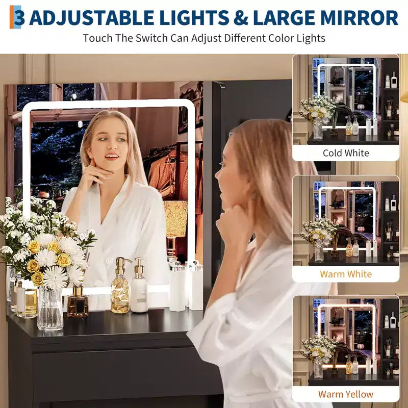 Moderna toeletta con specchio e luce LED, 4 cassetti, sgabello contenitore, mensole, porta asciugacapelli, tavolo da trucco per camera da letto, nero