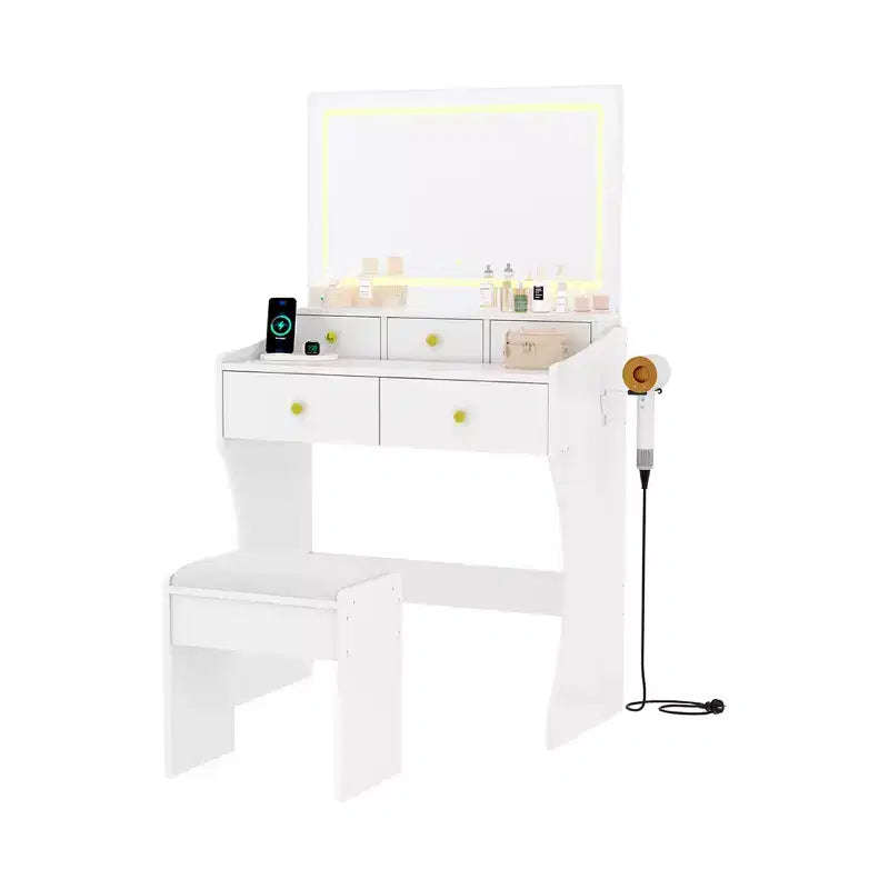 GustoWave Toeletta da Trucco con Specchio e Sgabello, 5 Cassetti, Porta Asciugacapelli, Sgabello Imbottito per Camera da Letto