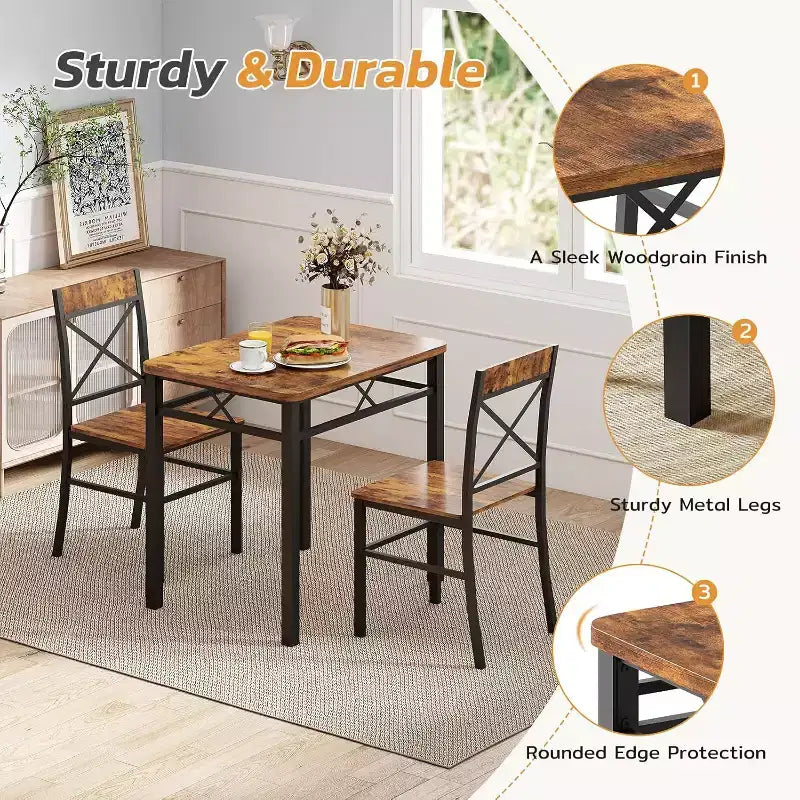 Set da pranzo 3 pezzi Zevemomo per 2 persone con tavolino e 2 sedie con schienale curvo per piccoli appartamenti, cucine, marrone