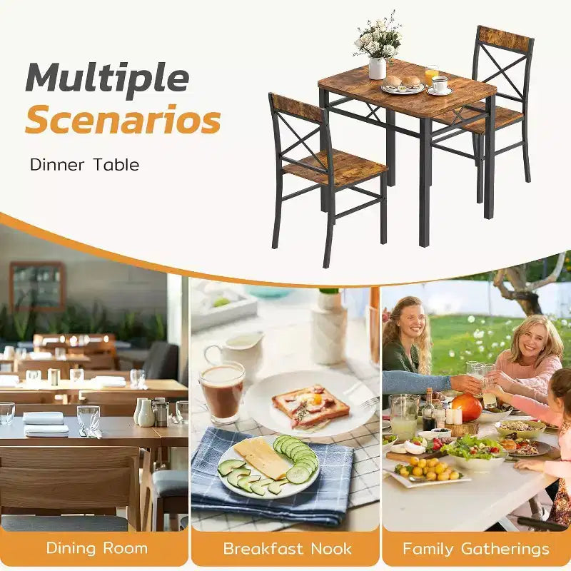 Set da pranzo 3 pezzi Zevemomo per 2 persone con tavolino e 2 sedie con schienale curvo per piccoli appartamenti, cucine, marrone