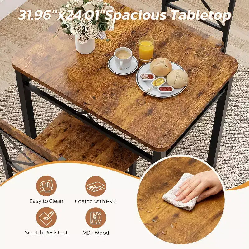 Set da pranzo 3 pezzi Zevemomo per 2 persone con tavolino e 2 sedie con schienale curvo per piccoli appartamenti, cucine, marrone