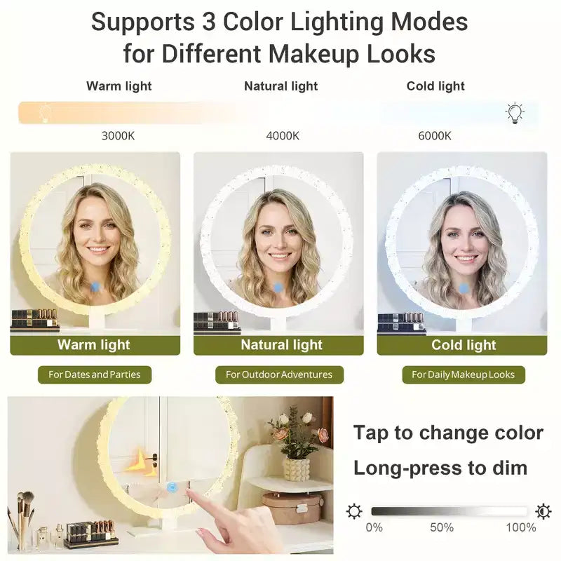 Toeletta d'angolo di lusso con specchio rotondo e luci, mobile contenitore per camera da letto, finitura naturale, illuminazione dimmerabile
