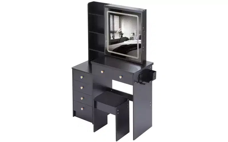 Toeletta di lusso da 94 cm con specchio scorrevole a LED, mobiletto contenitore, hub di alimentazione integrato, supporto per asciugacapelli e mobiletto laterale per camera da letto