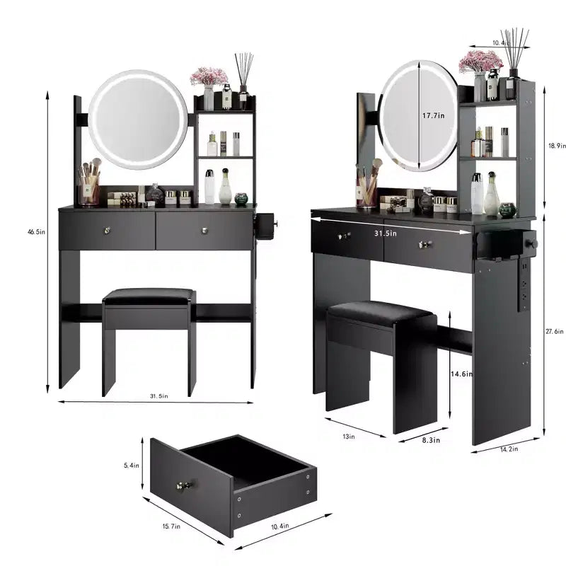 Scrivania da Trucco di Lusso da 17 Pollici con Specchio a LED, Organizzazione Salvaspazio, Hub Elettrico Integrato, Supporto per Asciugacapelli e Sgabello Abbinato per la Camera da Letto