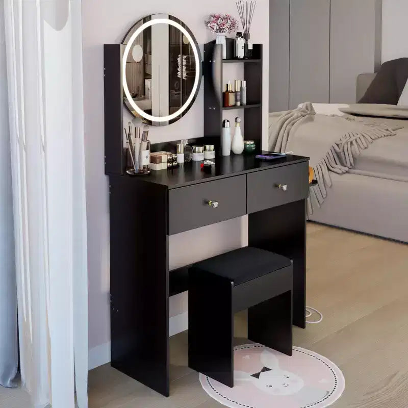 Scrivania da Trucco di Lusso da 17 Pollici con Specchio a LED, Organizzazione Salvaspazio, Hub Elettrico Integrato, Supporto per Asciugacapelli e Sgabello Abbinato per la Camera da Letto