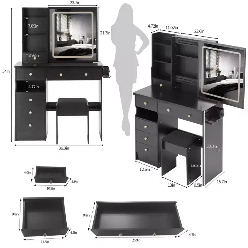 Scrivania da Trucco di Lusso da 37 Pollici con Specchio LED Scorrevole, Spazi Organizzati, Hub di Alimentazione Integrato, Supporto per Asciugacapelli e Sgabello Abbinato per la Camera da Letto