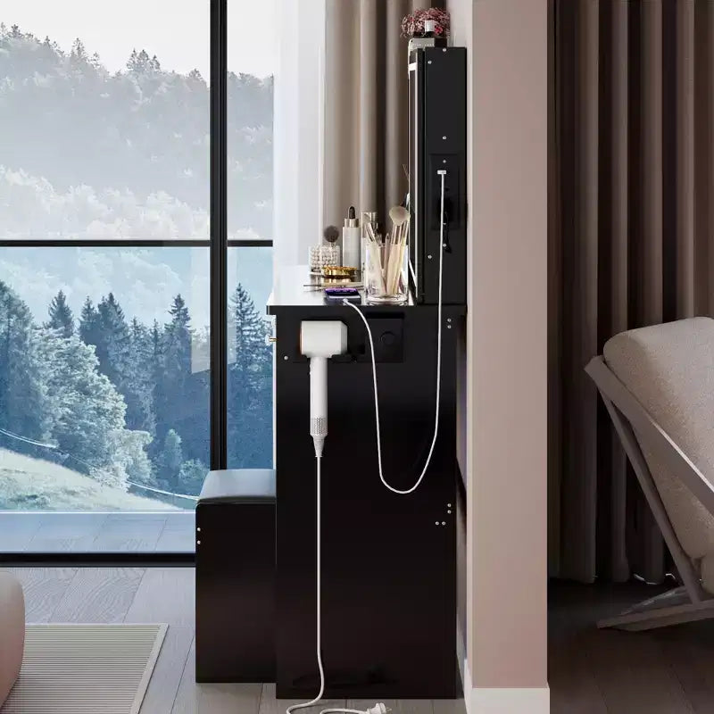 Scrivania da Trucco di Lusso da 37 Pollici con Specchio LED Scorrevole, Spazi Organizzati, Hub di Alimentazione Integrato, Supporto per Asciugacapelli e Sgabello Abbinato per la Camera da Letto