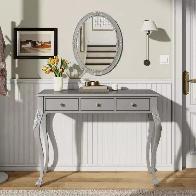 Toeletta da trucco vintage con specchio ovale, 3 cassetti per camera da letto o ingresso, finitura oro, design salvaspazio