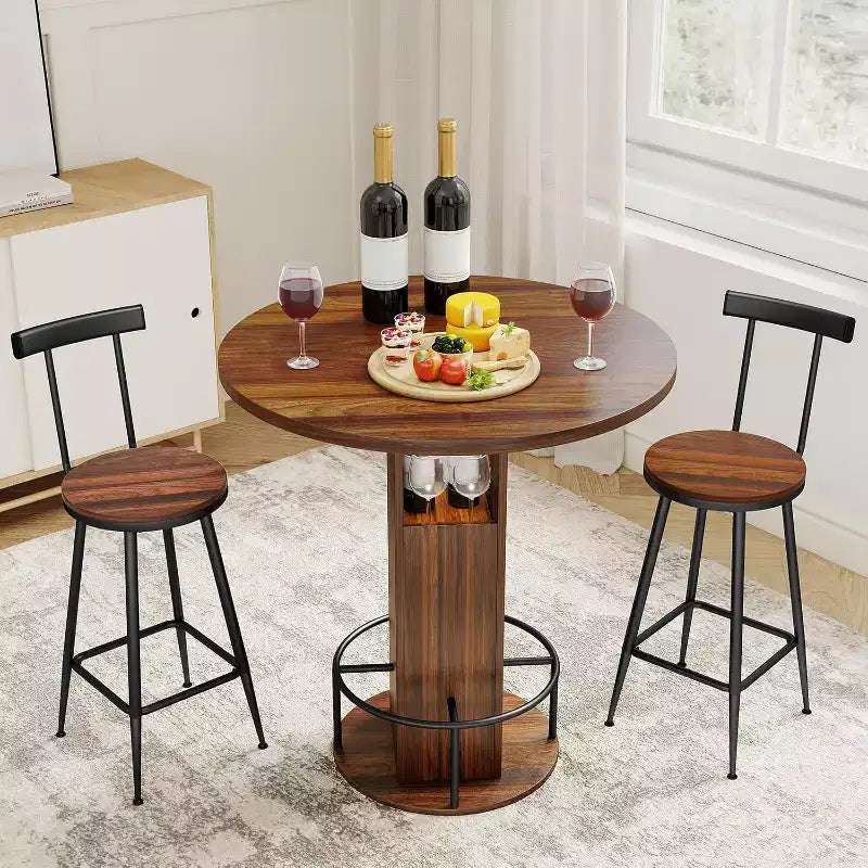 Zevemomo 3-Piece 31.5 Round Bar Table and Chairs Set for 2, Small Pub Dining Set with 2 Stools, Space Saving, Walnut
