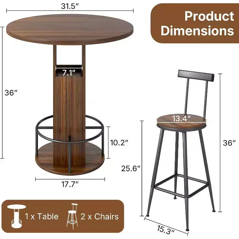 Set 3 Pezzi Zevemomo Tavolo Tondo da Bar da 80 cm con 2 Sedie, Piccolo Set da Pranzo per Pub con 2 Sgabelli, Salvaspazio, Noce