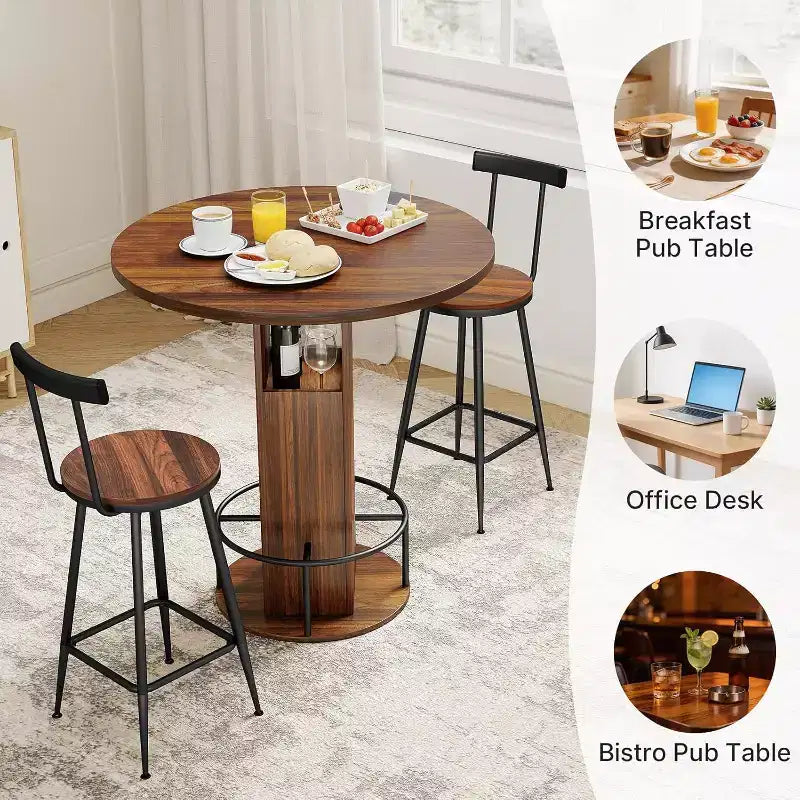 Set 3 Pezzi Zevemomo Tavolo Tondo da Bar da 80 cm con 2 Sedie, Piccolo Set da Pranzo per Pub con 2 Sgabelli, Salvaspazio, Noce