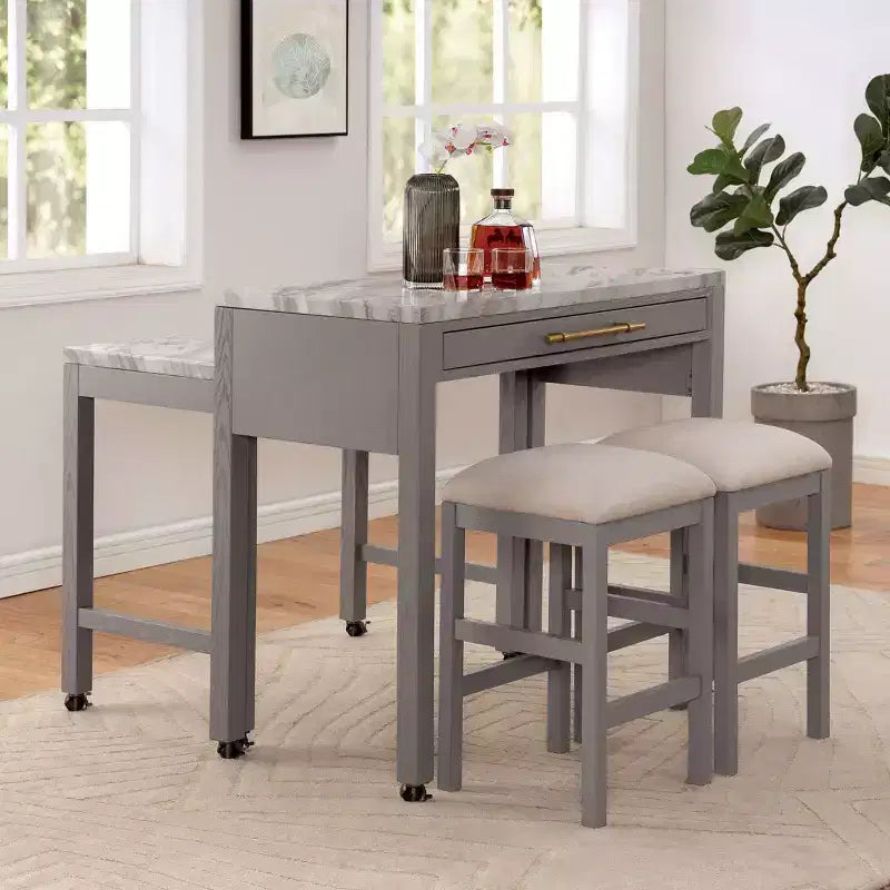 GDFStudio Dawson Farmhouse Wood Counter Height Dining Set with Faux Marble Top Expandable Table