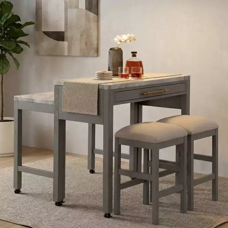 GDFStudio Dawson Set da pranzo altezza bancone in legno stile rustico con piano espandibile effetto marmo