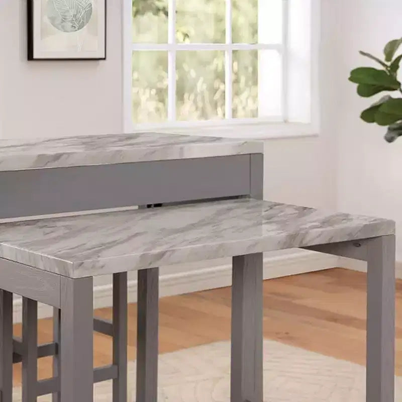 GDFStudio Dawson Set da pranzo altezza bancone in legno stile rustico con piano espandibile effetto marmo