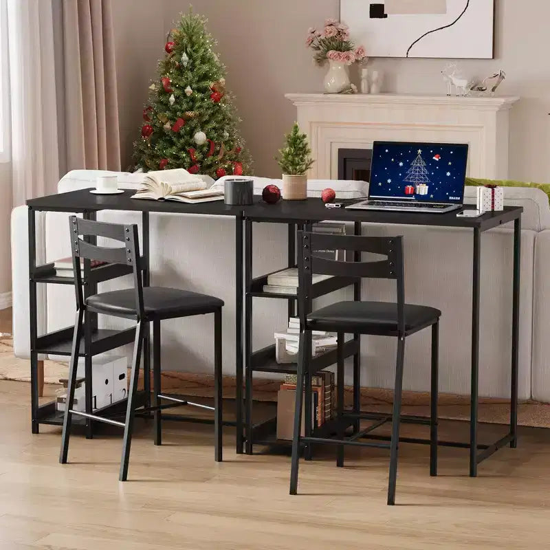 Set da Bar 3 Pezzi con 2 Ripiani Portaoggetti, Set da Pranzo Salvaspazio per Cucina con Sedie in Pelle PU