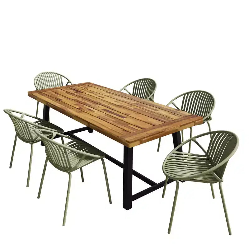 Set da pranzo moderno da esterno da 7 pezzi con sedie impilabili e tavolo in legno di acacia