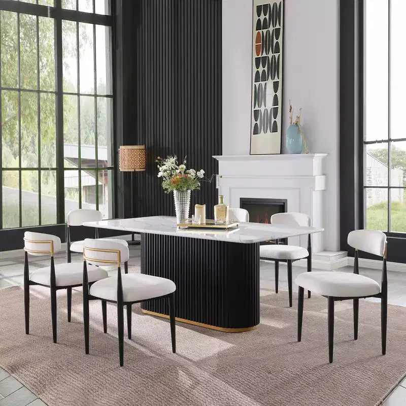 GDFStudio Howar Modern 7 Piece Wood and Metal Dining Set with Chenille Upholstered Dining Chairs