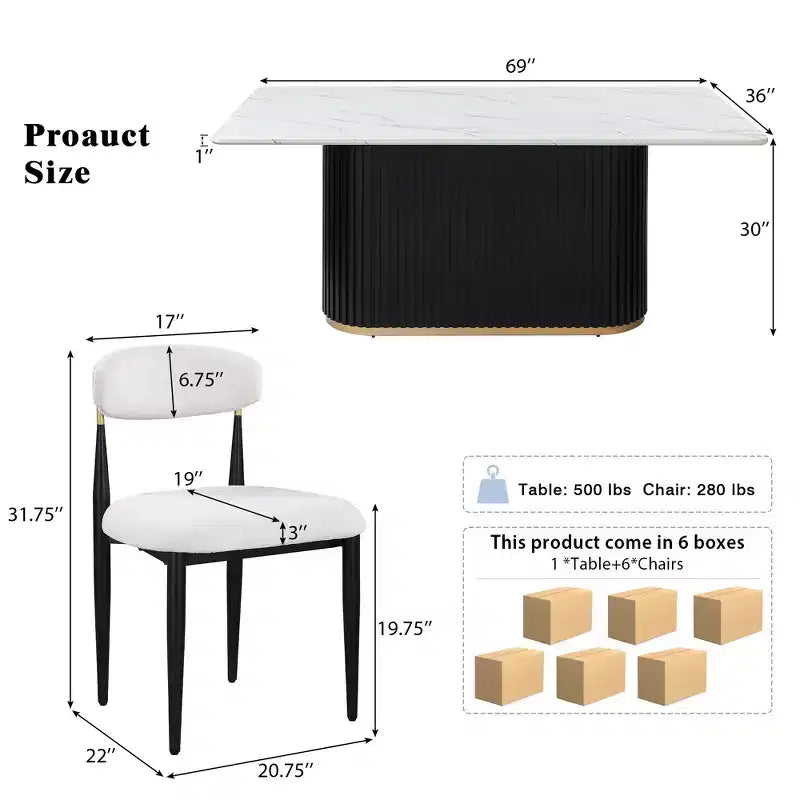GDFStudio Howar Set da Pranzo Moderno da 7 Pezzi in Legno e Metallo con Sedie da Pranzo Rivestite in Ciniglia