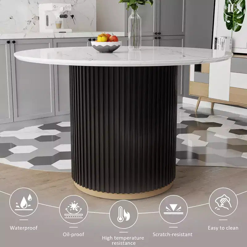 GDFStudio Howar, set da pranzo moderno da 5 pezzi, rotondo, in legno e metallo, con sedie rivestite in ciniglia