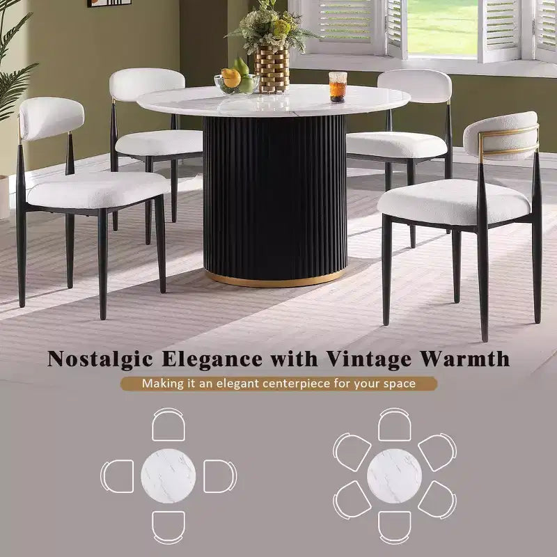 GDFStudio Howar, set da pranzo moderno da 5 pezzi, rotondo, in legno e metallo, con sedie rivestite in ciniglia