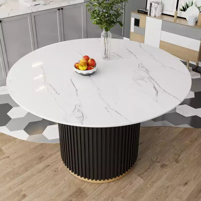 GDFStudio Howar, set da pranzo moderno da 5 pezzi, rotondo, in legno e metallo, con sedie rivestite in ciniglia