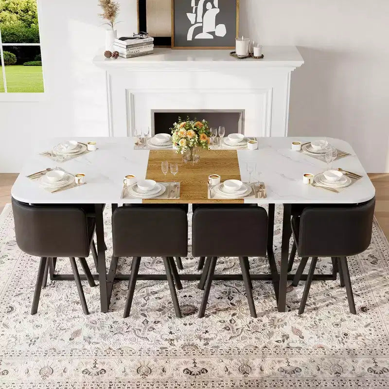 GDFStudio Vicente Set da Pranzo Moderno da 9 Pezzi in Metallo e Similpelle Imbottito con Tavolo in Legno