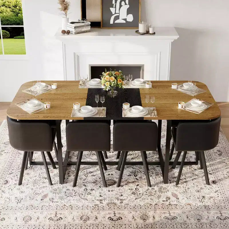 GDFStudio Vicente Set da Pranzo Moderno da 9 Pezzi in Metallo e Similpelle Imbottito con Tavolo in Legno