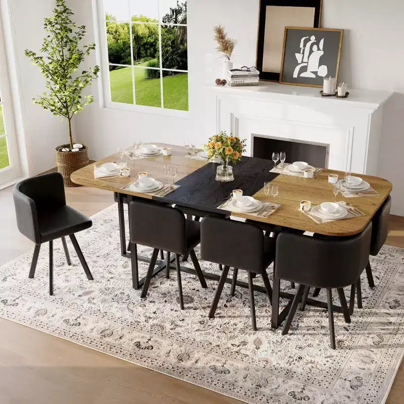 GDFStudio Vicente Modern 9 Piece Metal Faux Leather Upholstered Dining Set with Wooden Table