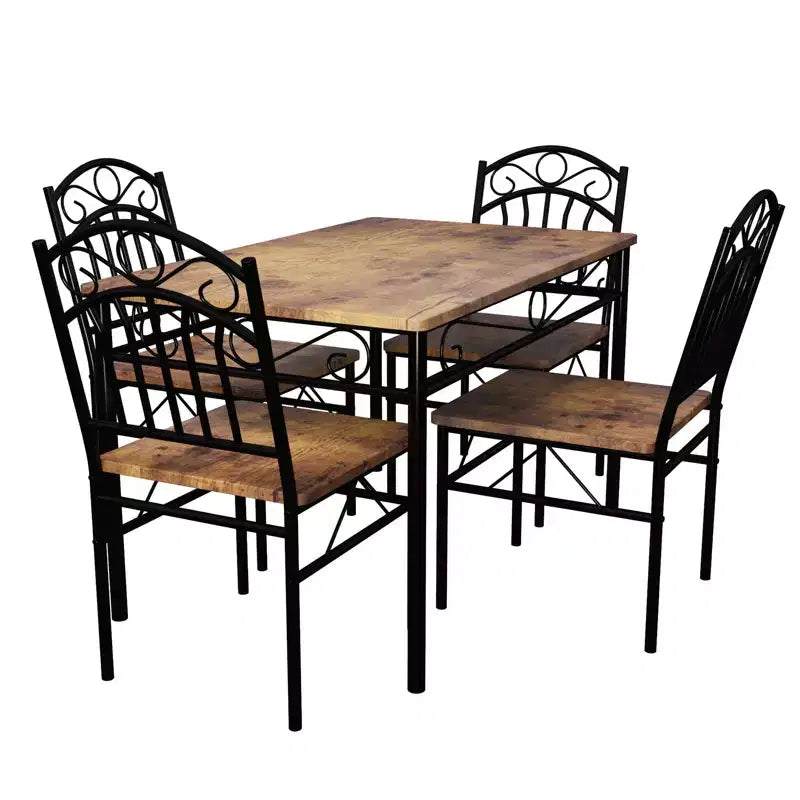 Dining Table Set for 4, 5-Piece Metal and Wood Rectangular Kitchen Table and Chairs, Space-Saving for Small Spaces, Charred Wood Finish