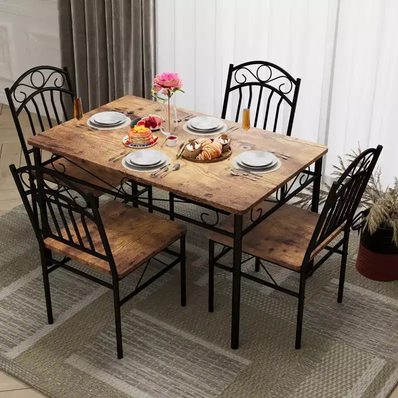Set tavolo da pranzo per 4 persone, tavolo e sedie da cucina rettangolari in metallo e legno a 5 pezzi, salvaspazio per piccoli ambienti, finitura legno carbonizzato