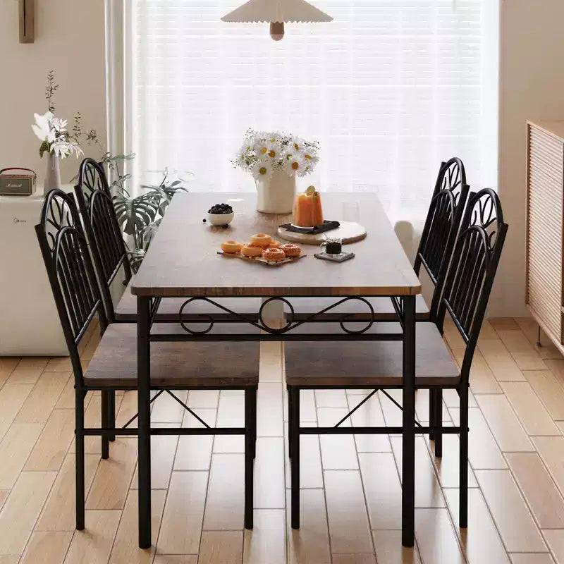 Set tavolo da pranzo per 4 persone, tavolo e sedie da cucina rettangolari in metallo e legno a 5 pezzi, salvaspazio per piccoli ambienti, finitura legno carbonizzato