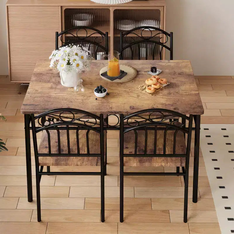 Set tavolo da pranzo per 4 persone, tavolo e sedie da cucina rettangolari in metallo e legno a 5 pezzi, salvaspazio per piccoli ambienti, finitura legno carbonizzato