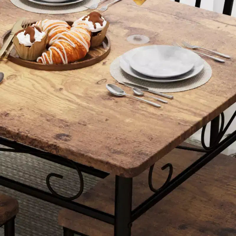 Set tavolo da pranzo per 4 persone, tavolo e sedie da cucina rettangolari in metallo e legno a 5 pezzi, salvaspazio per piccoli ambienti, finitura legno carbonizzato