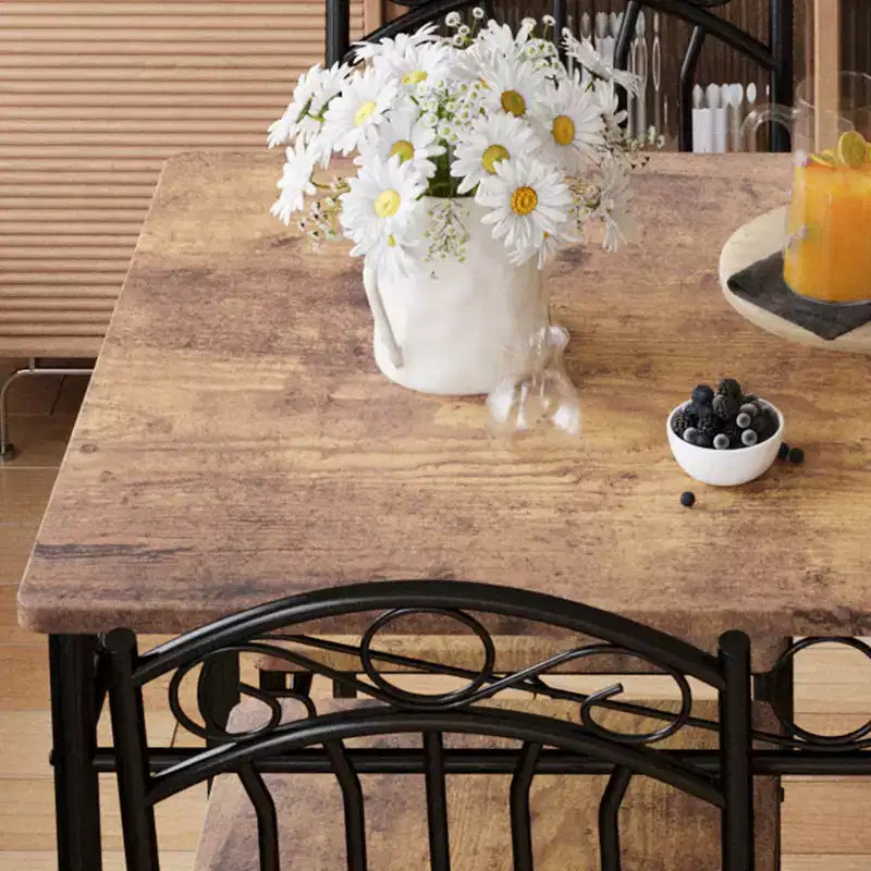 Set tavolo da pranzo per 4 persone, tavolo e sedie da cucina rettangolari in metallo e legno a 5 pezzi, salvaspazio per piccoli ambienti, finitura legno carbonizzato