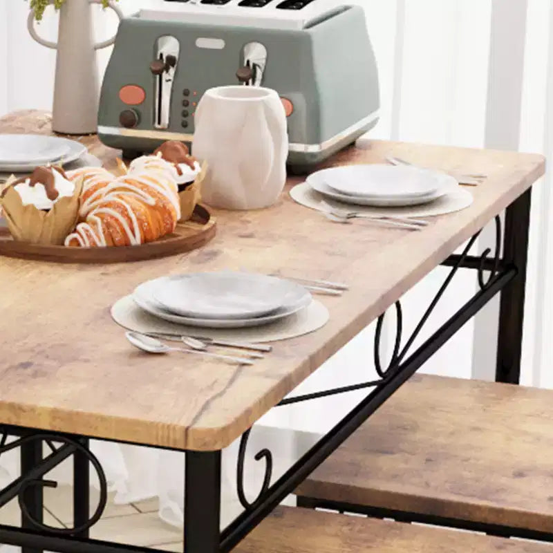 Set tavolo da pranzo per 4 persone, tavolo e sedie da cucina rettangolari in metallo e legno a 5 pezzi, salvaspazio per piccoli ambienti, finitura legno carbonizzato