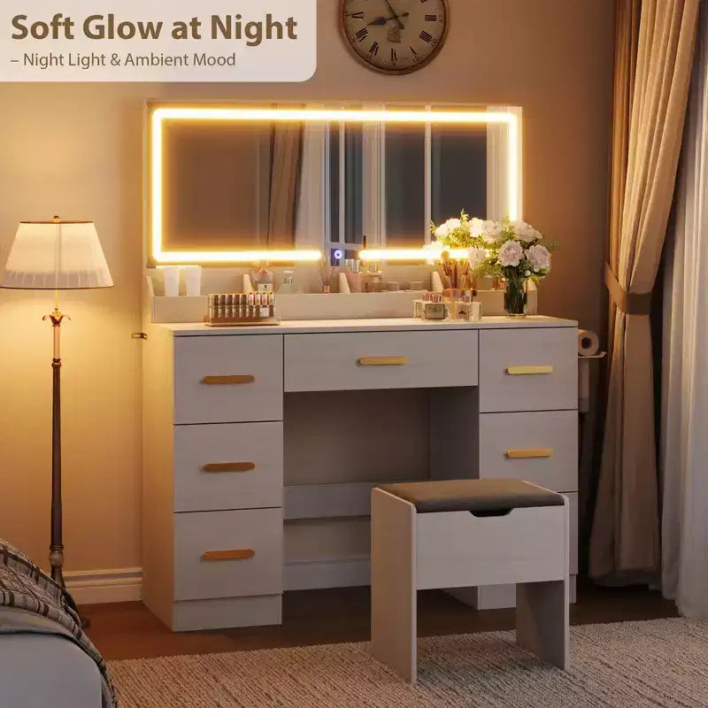 45.9 Toeletta con specchio illuminato, stazione di ricarica e 7 cassetti, tavolo da trucco con sgabello contenitore