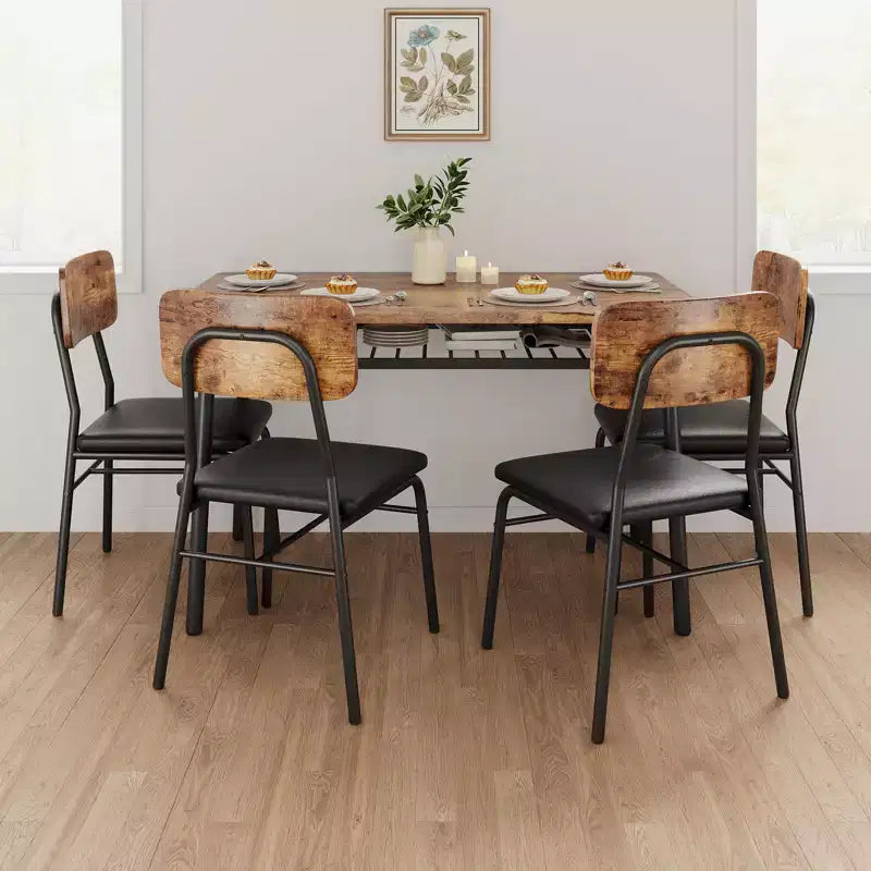 Set tavolo da pranzo per 4 persone, tavolo e sedie da cucina a 5 pezzi con portaoggetti, piano in legno, struttura in metallo resistente, sedili imbottiti, salvaspazio