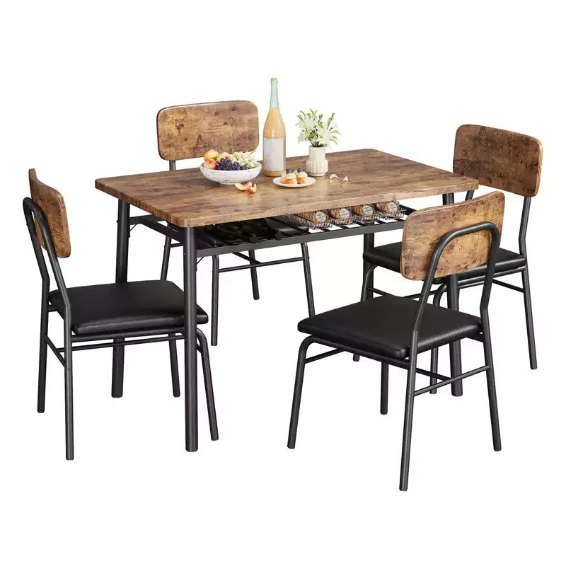 Set tavolo da pranzo per 4 persone, tavolo e sedie da cucina a 5 pezzi con portaoggetti, piano in legno, struttura in metallo resistente, sedili imbottiti, salvaspazio
